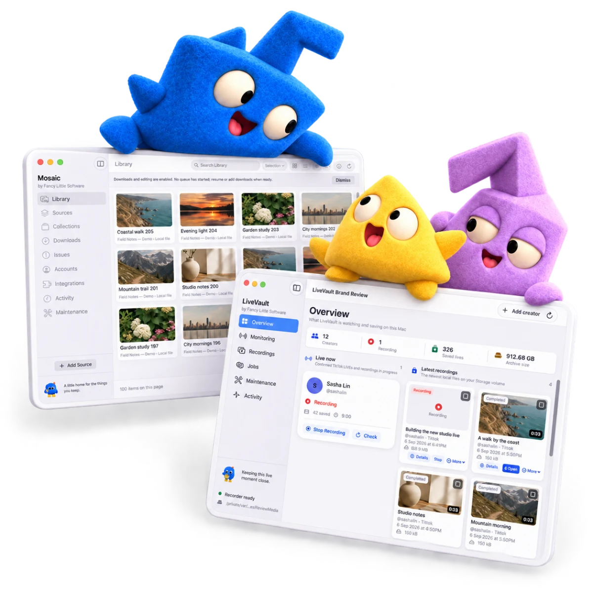Three playful angular characters climbing, peeking and balancing around Keepstack and StreamLatch app cards.